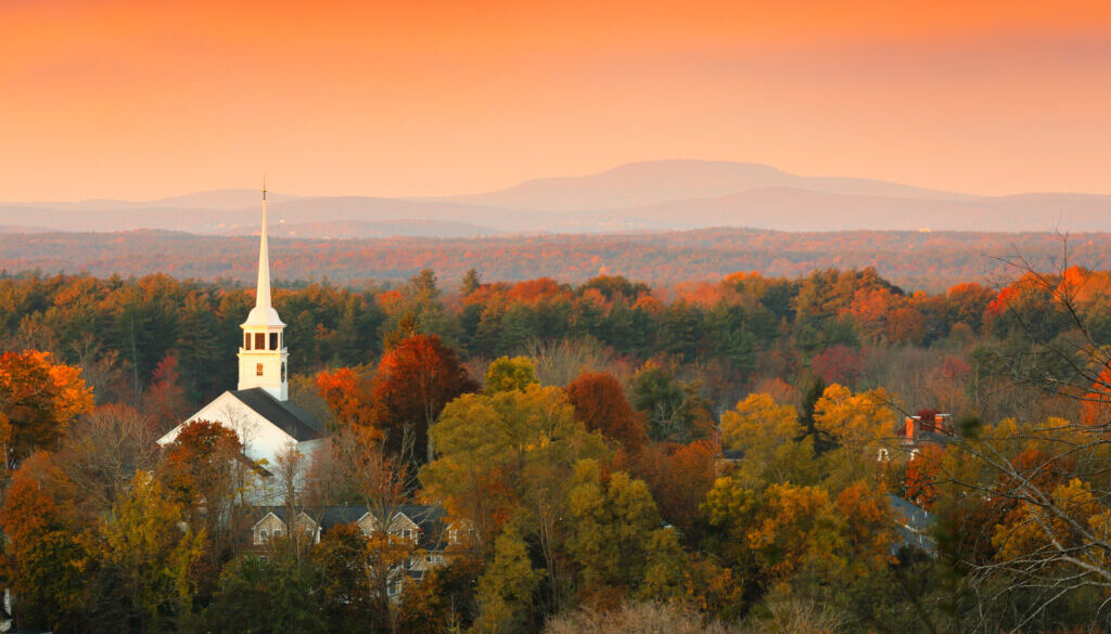 Overlooking a peaceful New England Farm in the autumn at sunrise with frost on foreground, Boston, Massachusetts, USA
