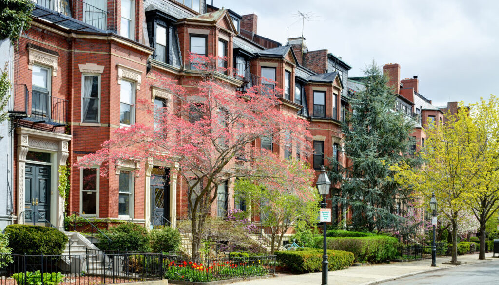 Boston Back Bay Apartment Buildings in the Spring. Elegant gardens, Victorian architecture