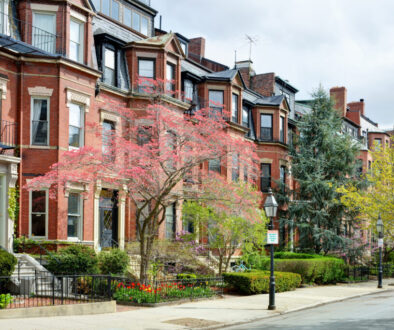 Boston Back Bay Apartment Buildings in the Spring. Elegant gardens, Victorian architecture