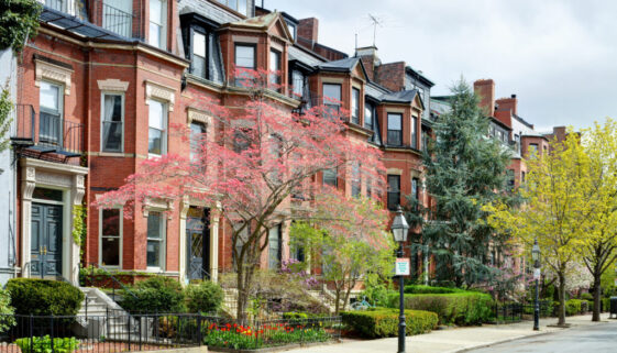 Boston Back Bay Apartment Buildings in the Spring. Elegant gardens, Victorian architecture